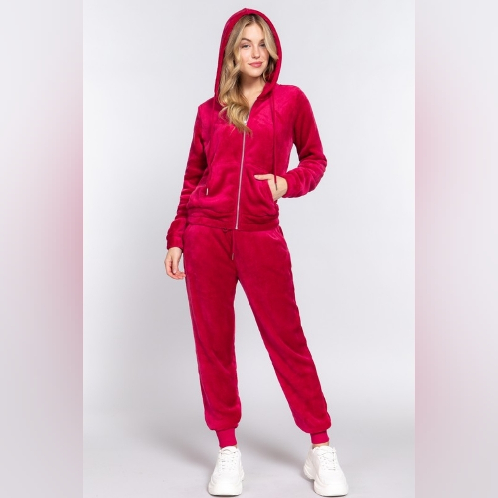 ActiveUSA Magenta Rose Teddy Fur Fleece Y2K Tracksuit Set, Hoodie & Jogger Pants